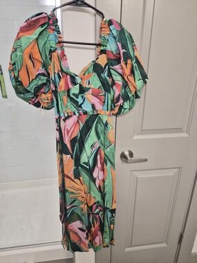 FARM Rio Tropical Puff-Sleeve Midi Dress - Green, Pink & Orange